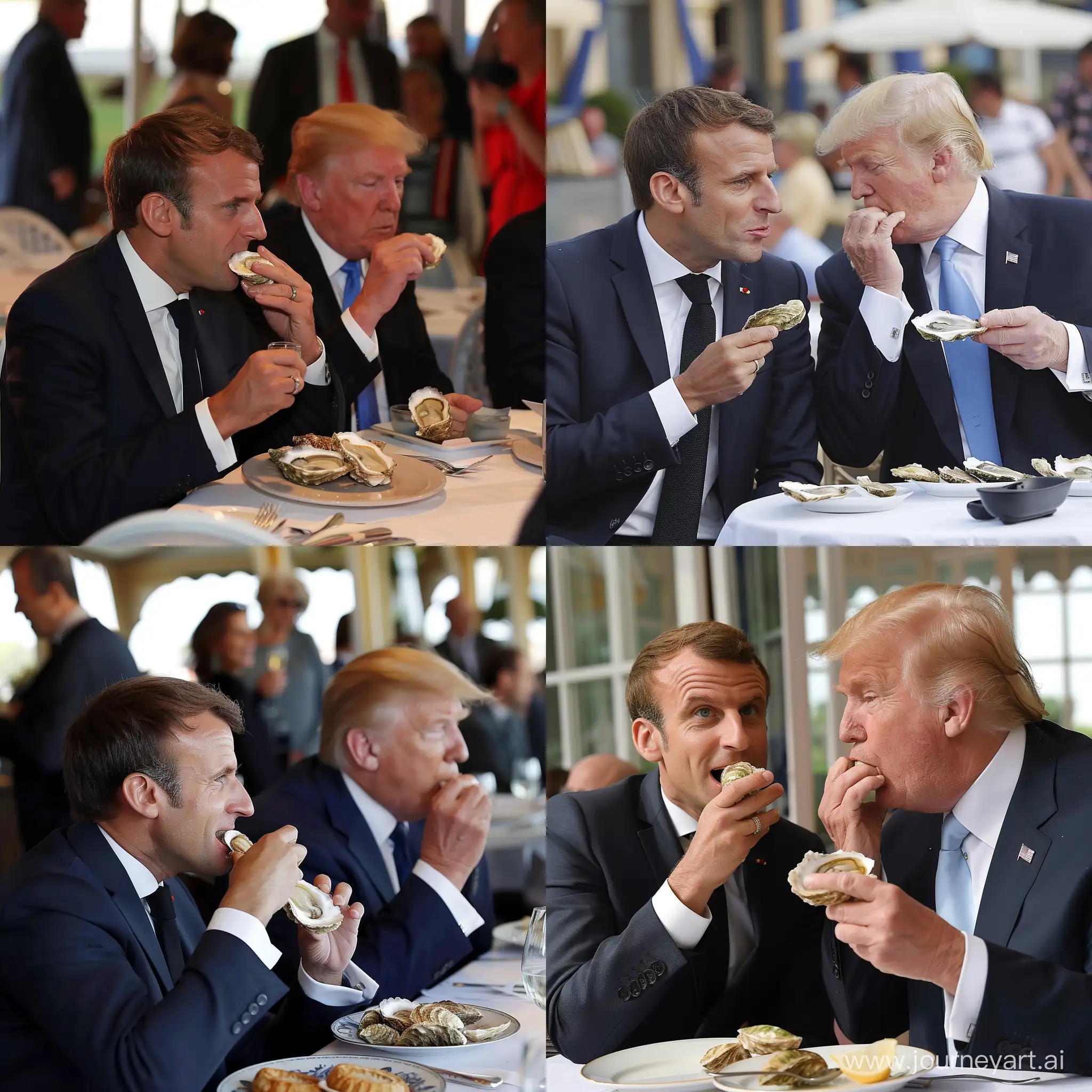 Emmanuel Macron at Deauville eating oyster with Donald Trumps --v 6 --ar 1:1 --no 48662