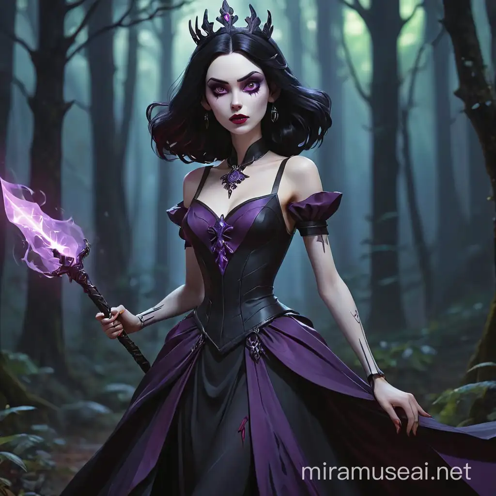 dungeons and dragons,fantasy, human , female , sorcerer , white pale skin, sparse jet black hair, crimson lipstick and exaggerated make-up, extremely skinny, a black princess dress with purple details, a black staff with a skeleton head on the end with purple light coming out of its eyes, a purple necklace, a dark forest in the background.