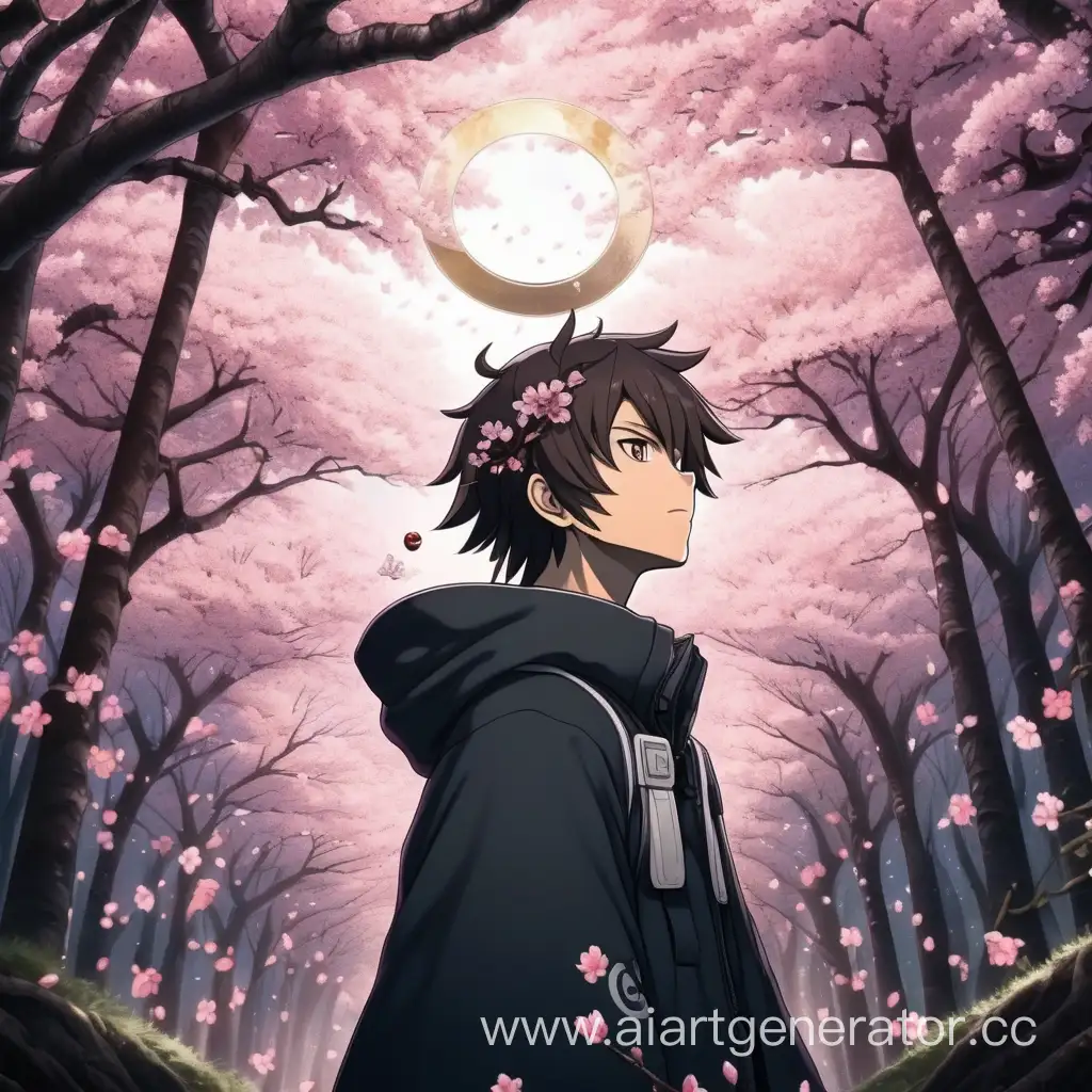 Enigmatic-Anime-Figure-Surrounded-by-Cherry-Blossoms-in-Mysterious-Forest
