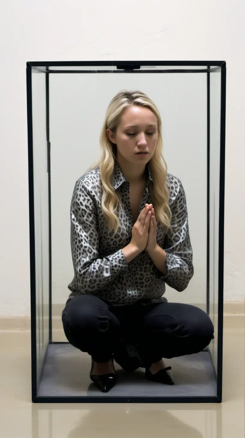 vue de face dans une chambre d'étudiant très biens éclairée, slave Marion Maréchal Le Pen visage jeune, cheveux , regard soumis, chemise grise polyester imprimé léopard et jeans et mocassins noir, accroupie les mains en prière figée à l' intérieur et au milieu d'une boite transparente à taille humaine se situant contre un mur