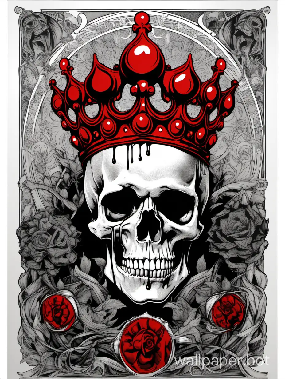 skull wearing a ornamental red dripping crown, embarassed expression, assimetrical, alphonse mucha, poster, hiperdetailed,  black,white, gray, red, hipercontrast