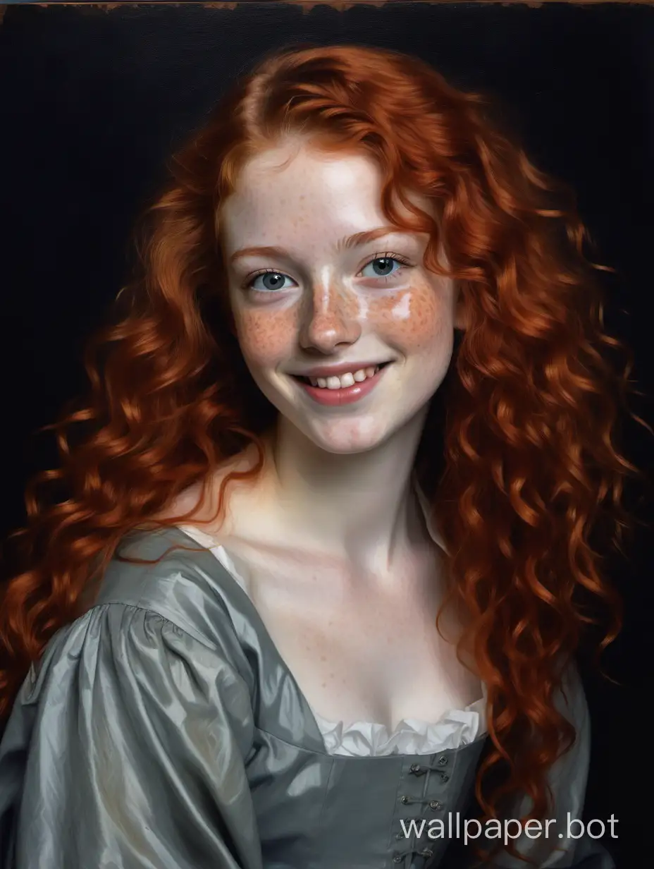 painting of a beautiful 22 year old redhead woman, she is pretty, she has grey eyes, she has pale skin, she has lots of freckles, she has long curly red hair, smiling, beaming, very cute, perfect, sense of wonder, Velazquez painting style