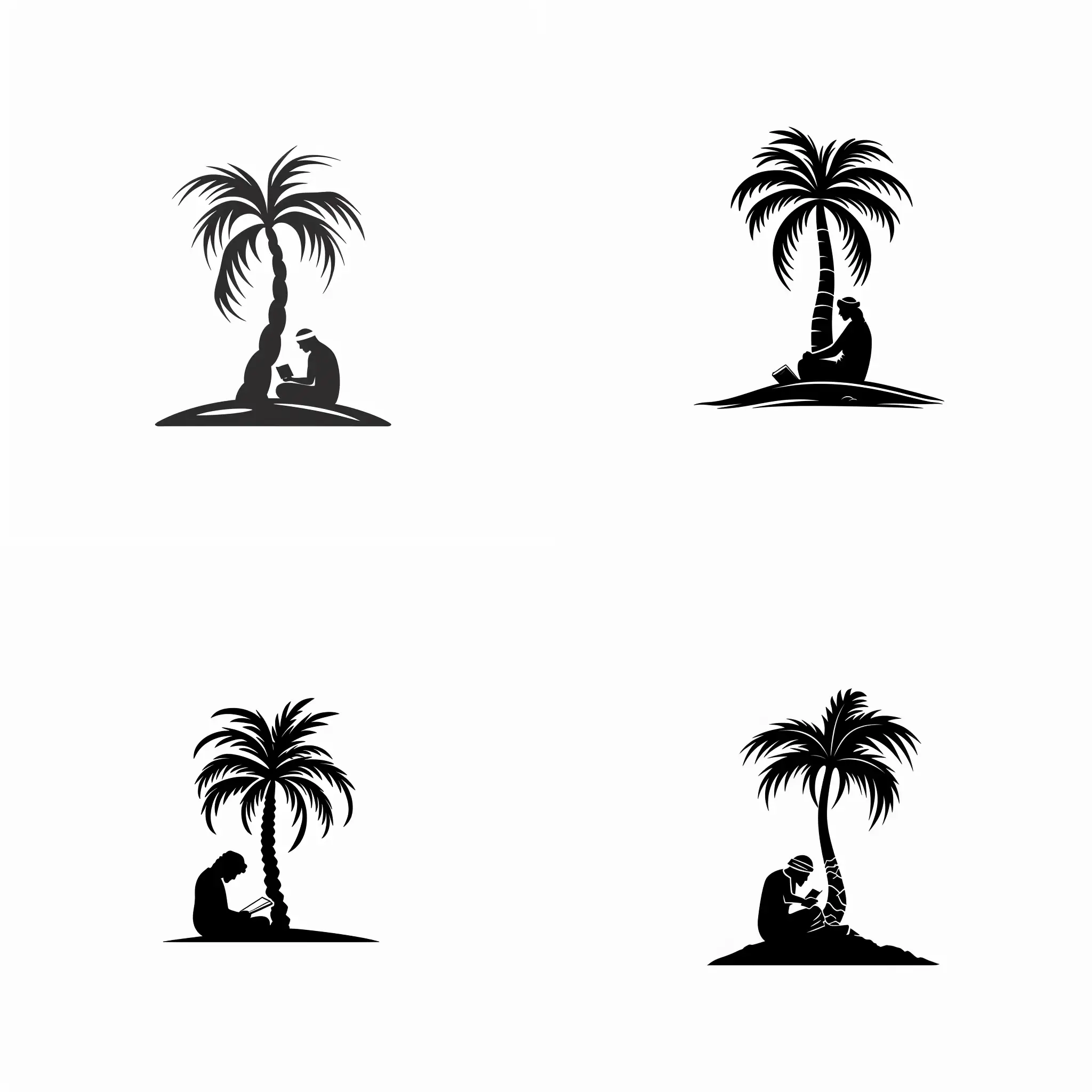 A simple logo of a middle eastern baddwi reading a book while leaning his back on a palm tree in oasis make the background all white and the guy and palm tree and the whole oasis black