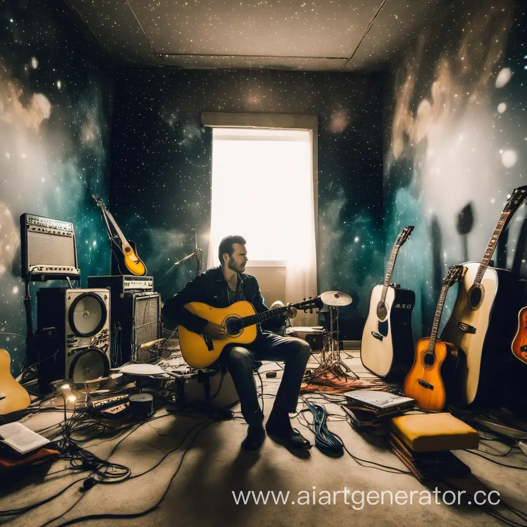 Мужчина сидит в комнате с гитарой, а вокруг него космос