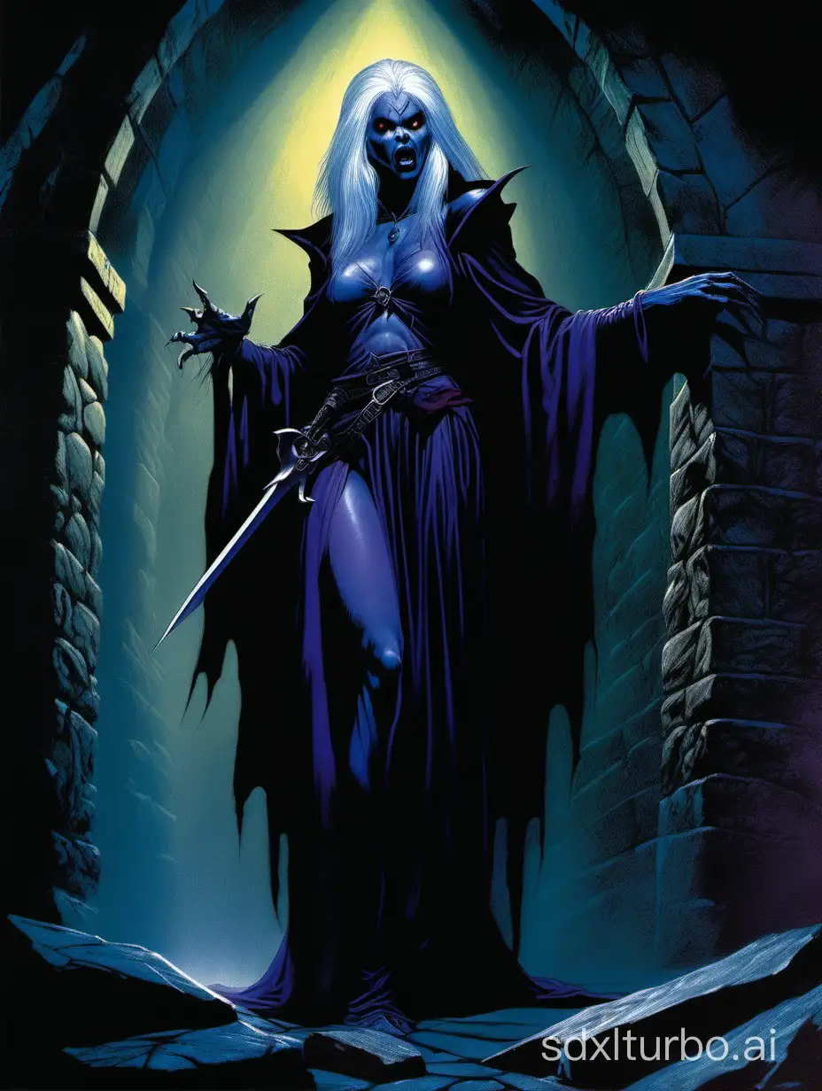 a hag:drow:vampire, in a dark crypt, dreadful dark and moody atmosphere, close up, 20bit color, highres, minimal detail, realistic, style of 1983 Dungeons and Dragons, by Jeff Easley,