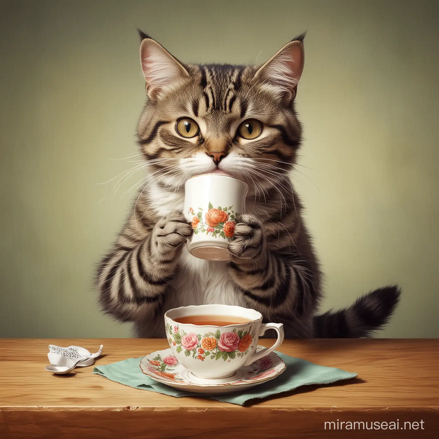 Cat Caricature Drinking Tea