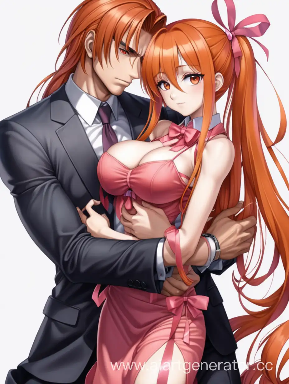 A sexy anime girl with pink eye color, long ,straight, ponytailed orange hair and wearing a red ribbon ,big breasts,wearing a long slit skirt .And there is a handsome boy
 with sexy muscles ,dark orange hair, red eyes and wearing a suit hugging her.
