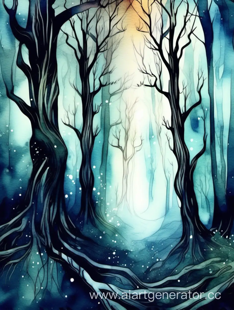 Лес сказочный, зачарованный, туманный. Широкие и необычные деревья. Тёмный лес с бликами. Стиль акварель