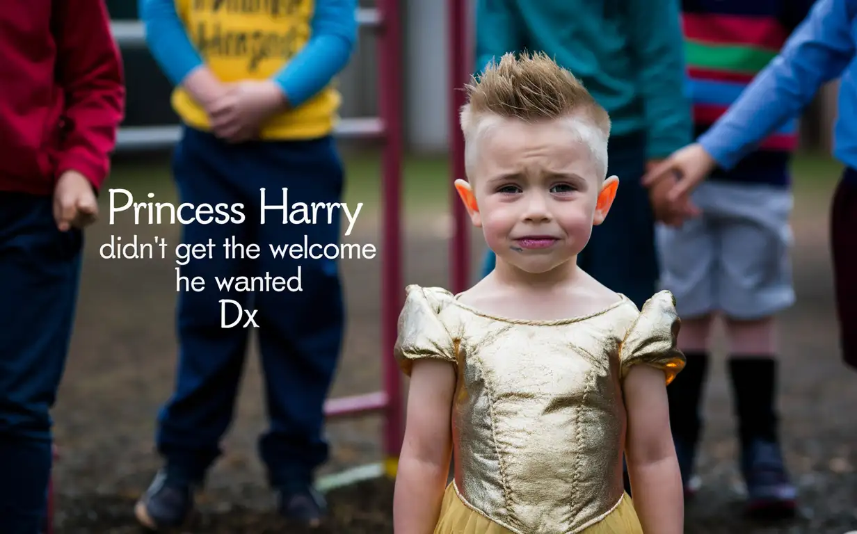 A cute young boy, full-body, facing the camera, able to see the facial features and short smart spiky blonde hair shaved on the sides, bravely transforms into a golden Disney Princess for World Book Day standing in the playground, the boy is disheartened that his so-called friends are bullying him, photograph style, the photograph is captioned “Princess Harry didn’t get the welcome he wanted DX”
