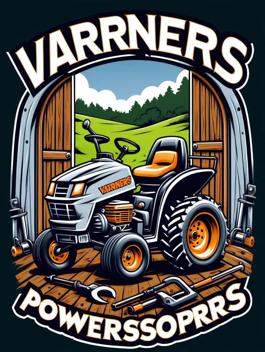 t-shirt design with a Varners Powersports. Old Small Engine Workshop With Old workshop Doors with tools inside the workshop Open to a clear weather day with a lawnmower tore apart outside. Spot color cartoon style shirt design