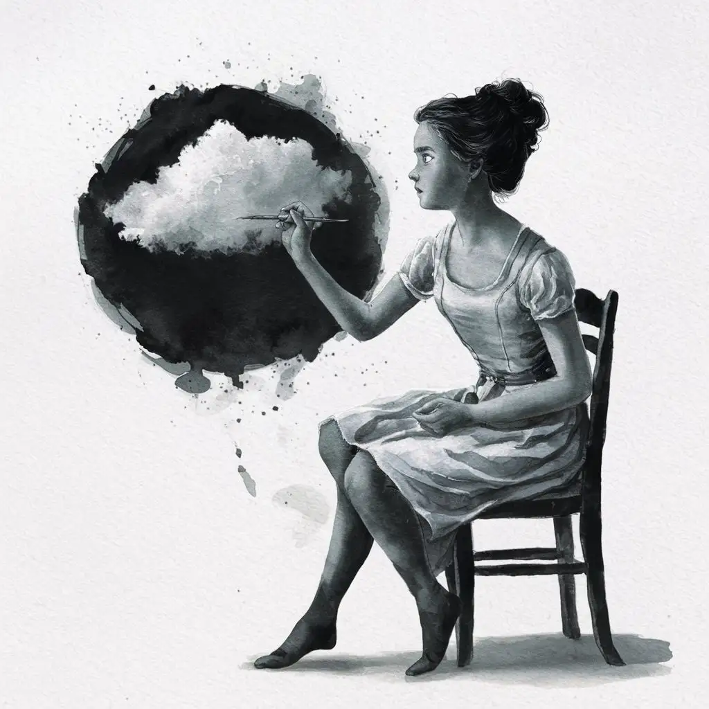 a black and white watercolor of a rear view young woman painting with a brush a tiny and delicated grey cloud in a little black square black background canvas