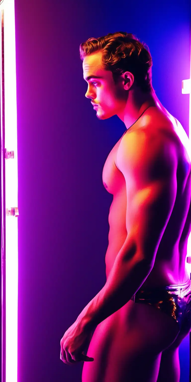 Dacre Montgomery wearing nothing but little non-existent floss delicate invisible speedo underwear, exposed backside, bulging, as a slutty, homoerotic stripper, a bit fat, looking at himself in the mirror, back side view, back turned, turned on, sexy vibe, colorful lights