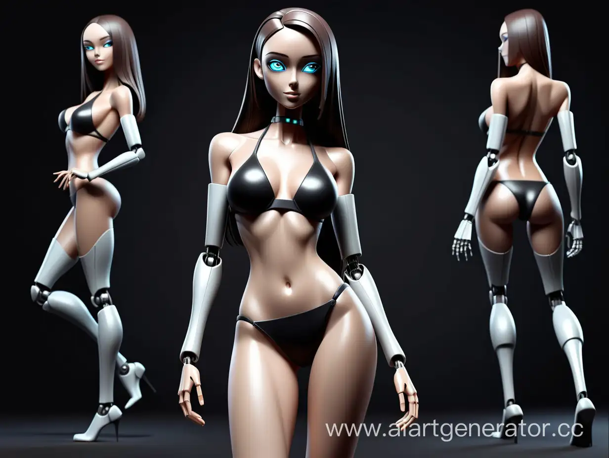 Робот с внешностью модели в черном бикини на темном фоне во весь рост
