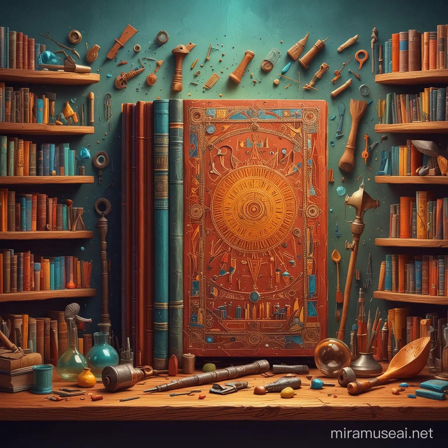 Vivid Illustration of Ancient Science Tools Colorful Holy Books and EmotionFilled Portraits