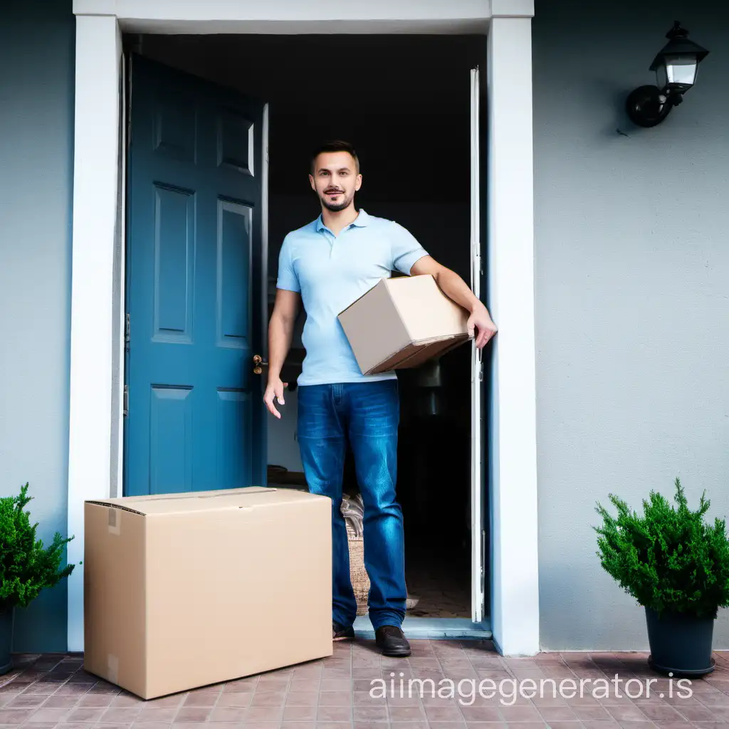 man standing near home door with cargo carton box in hand