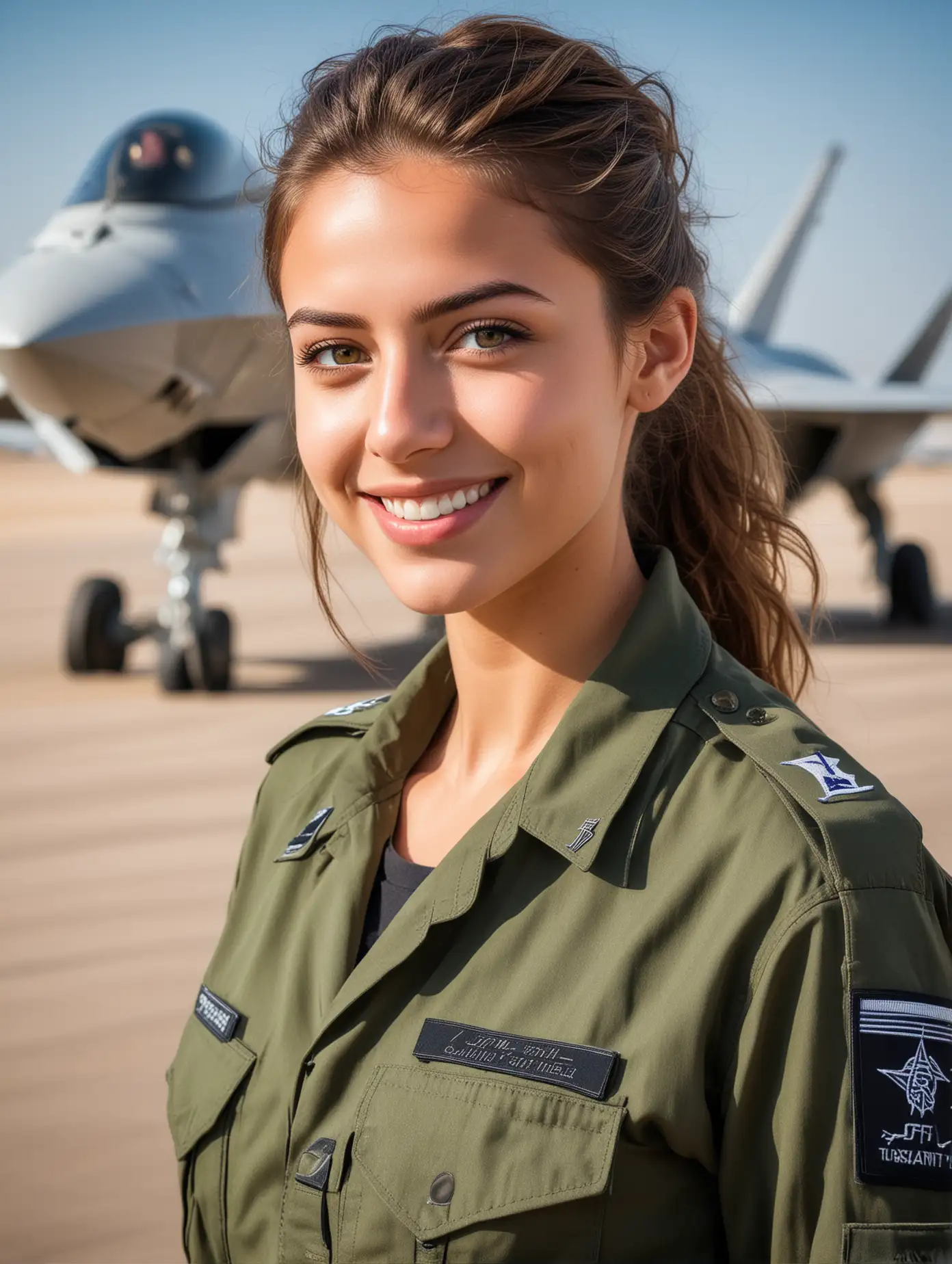 Israeli Girl in Military Uniform Smiling with F22 Fighter Plane Background