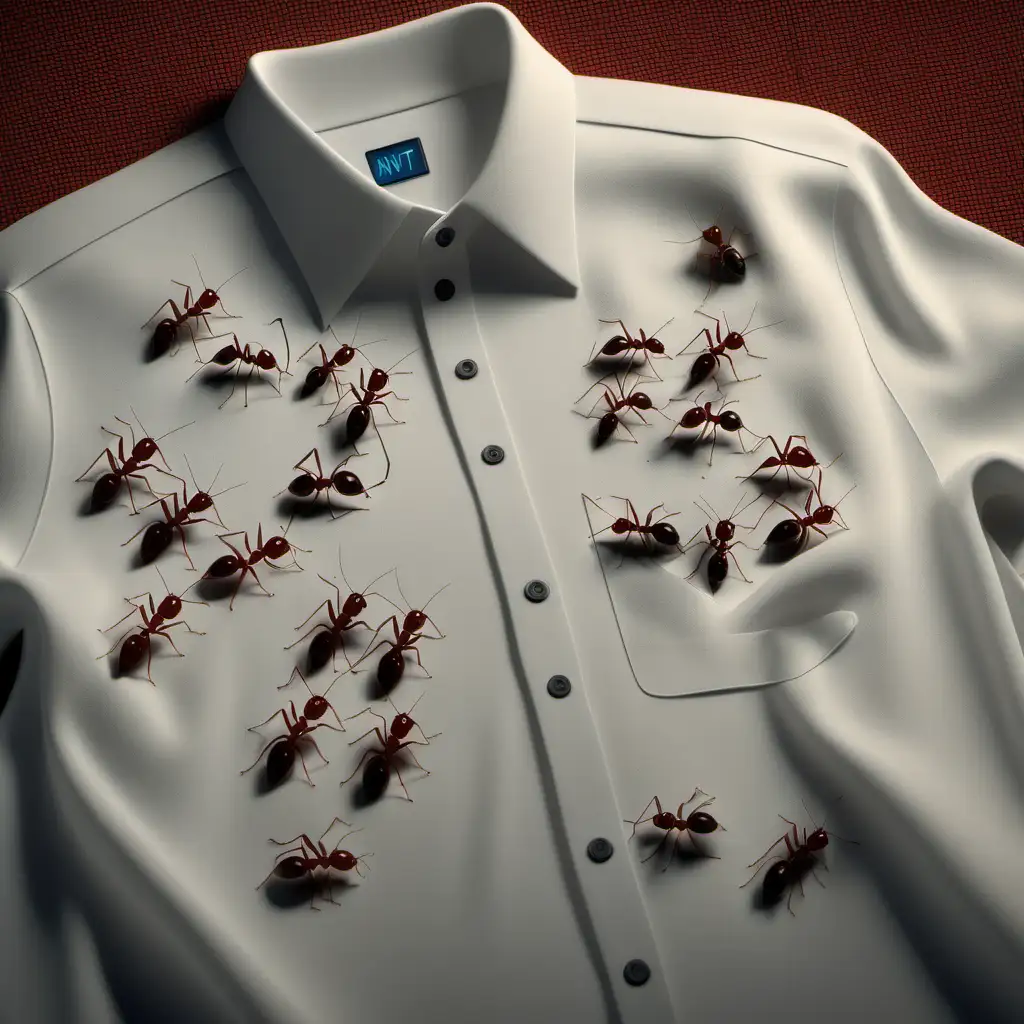 Create an image featuring a bunch of ants crawling on a shirt laid out neatly on a bed. The ants should be positioned as if they are moving across the fabric. Capture the scene from various angles, ensuring the focus is on the ants and the shirt. Use appropriate lighting to highlight the details and create an engaging visual narrative.