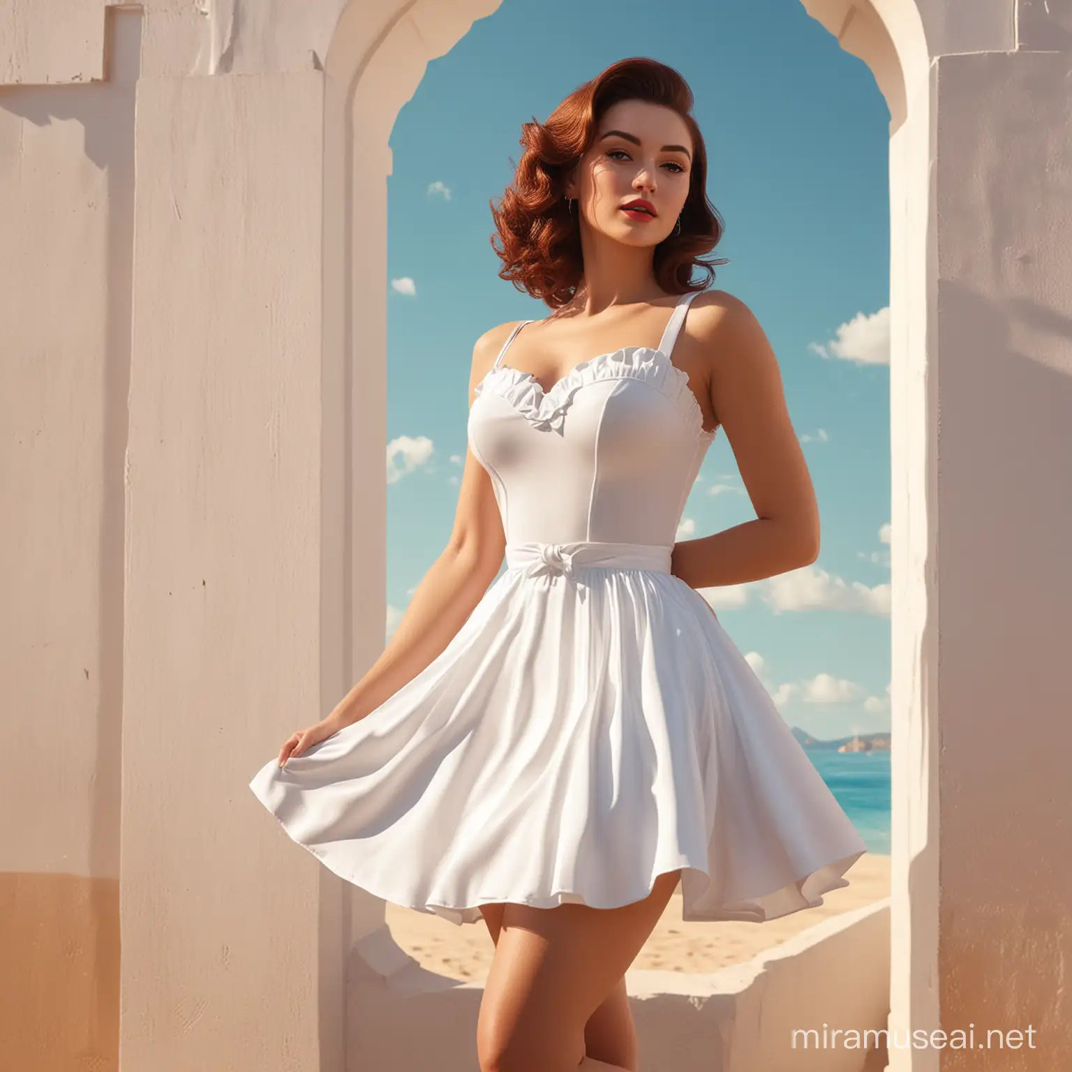 Sultry Pinup Model Luis Arcy in Sunlit White Dress 3D Render Fashion Art