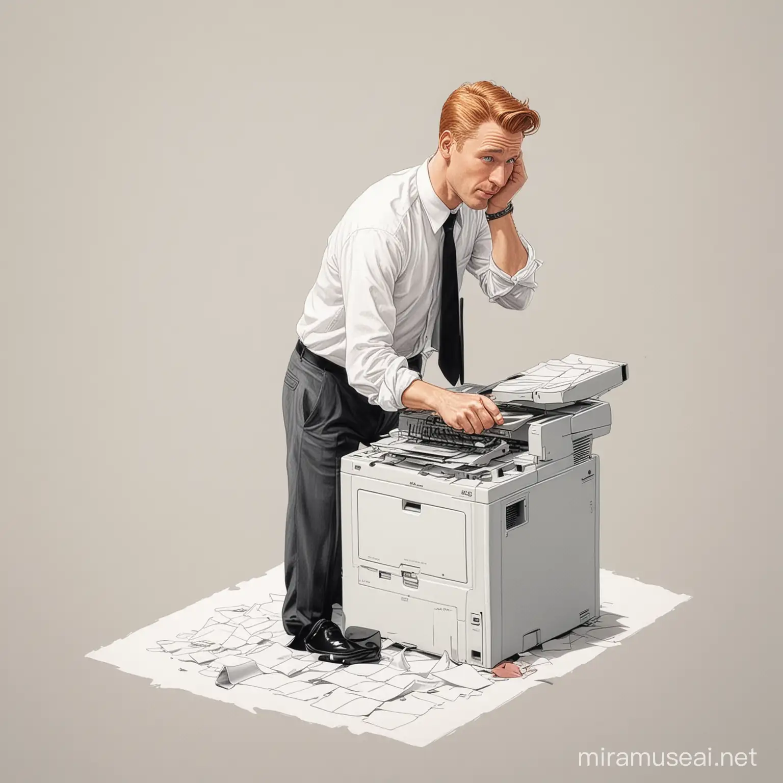 Confused Businessman Operating Photocopy Machine in Tintin Style Drawing