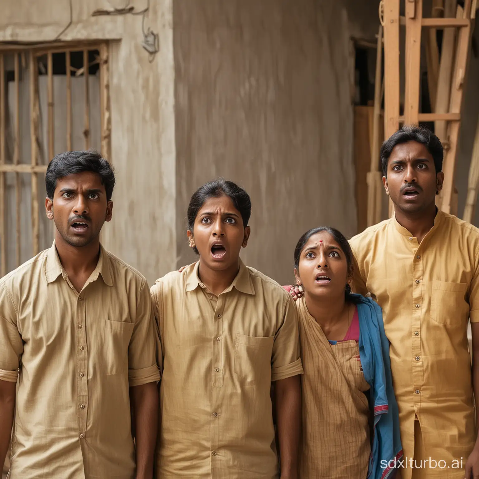 five Indian house workers looking with shock