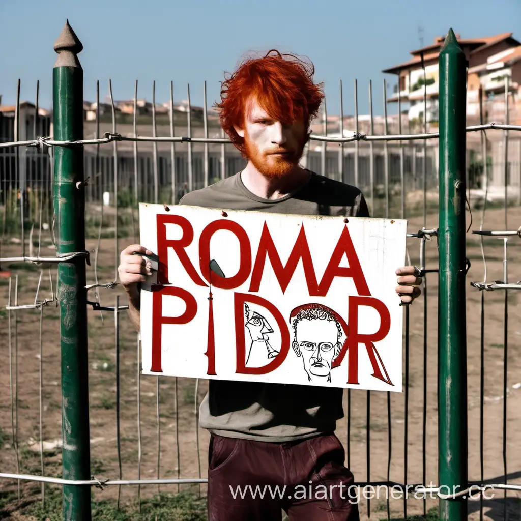 RedHaired-Guy-Leaning-Against-Fence-with-Controversial-Inscription