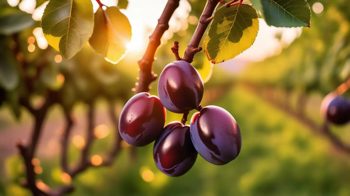 Ripe plums on a tree branch in the garden at sunset, A branch with natural plums on a blurred background of a plum orchard at golden hour