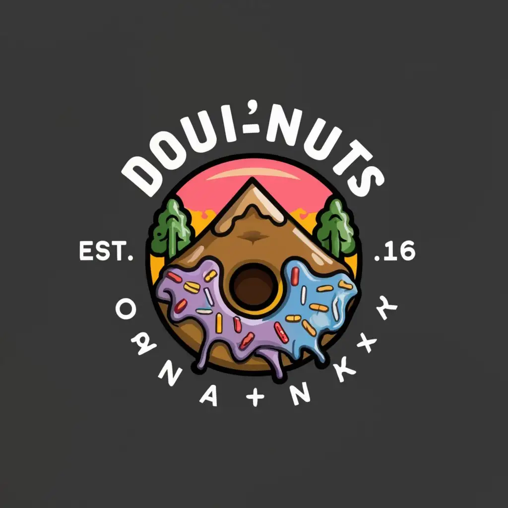 a logo design, with the text 'DOUINUTS 44', main symbol: Donuts, Mountains, Moderate, clear background