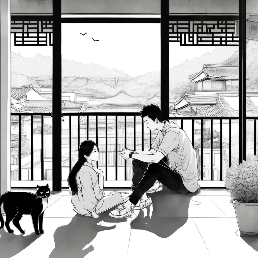 Man-and-Korean-Girlfriend-Enjoying-Terrace-Time-with-Black-and-White-Cat