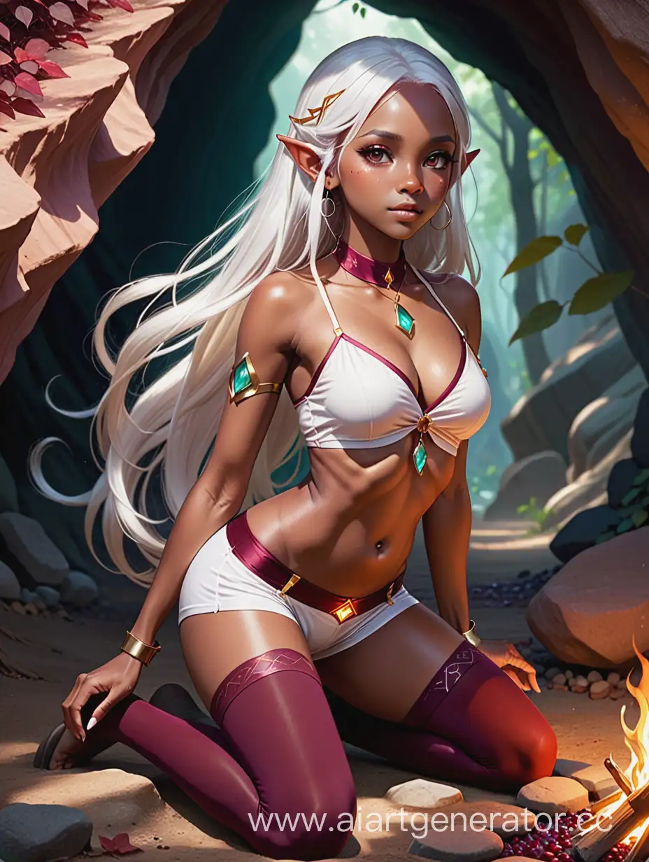 Athletic-Elf-Girl-Stretching-by-Campfire-in-Cave