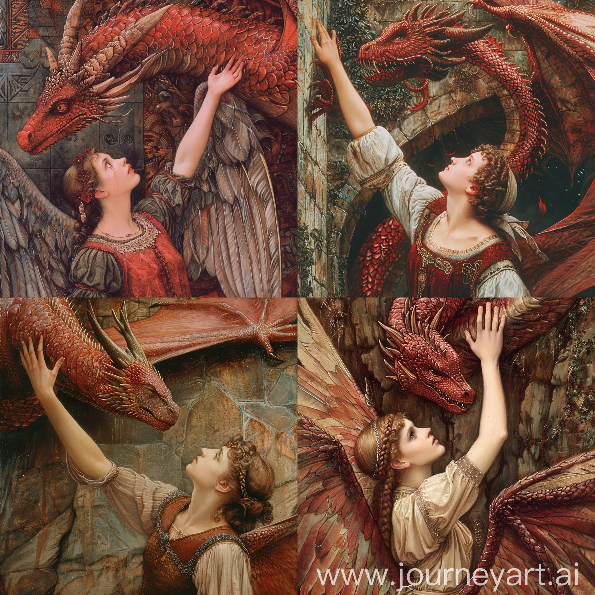 A beautiful medieval angel woman reaching up.to touch a large red dragon. Pre-Raphaelite