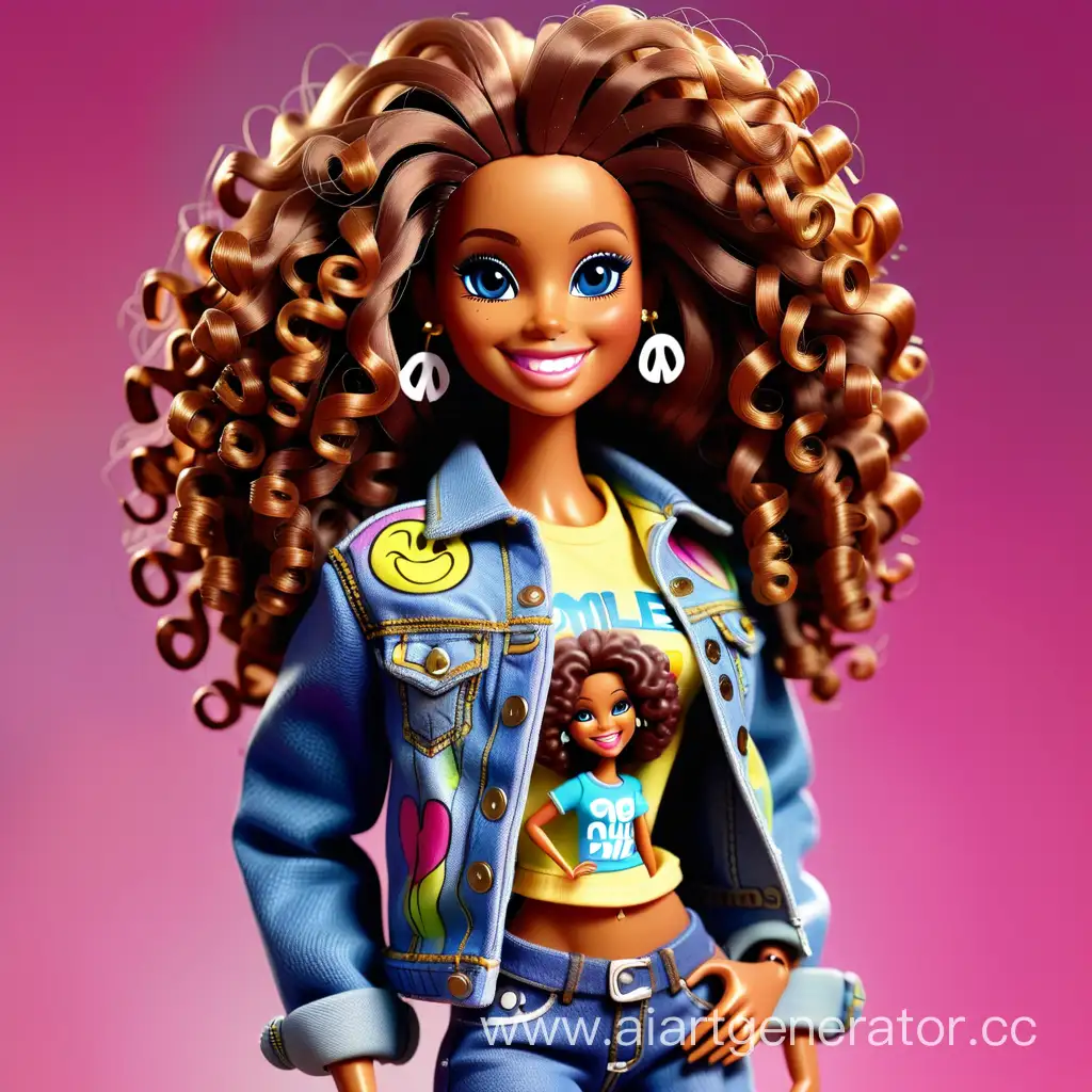 Darker brown skin Barbie doll with long curly afro , Wear a jean jacket that has the spelling saying  SMILE IN PEACE on A  t-shirt that has smiley face patterns all over the outfit, high quality, detailed, colorful, vibrant, realistic, fashion illustration,