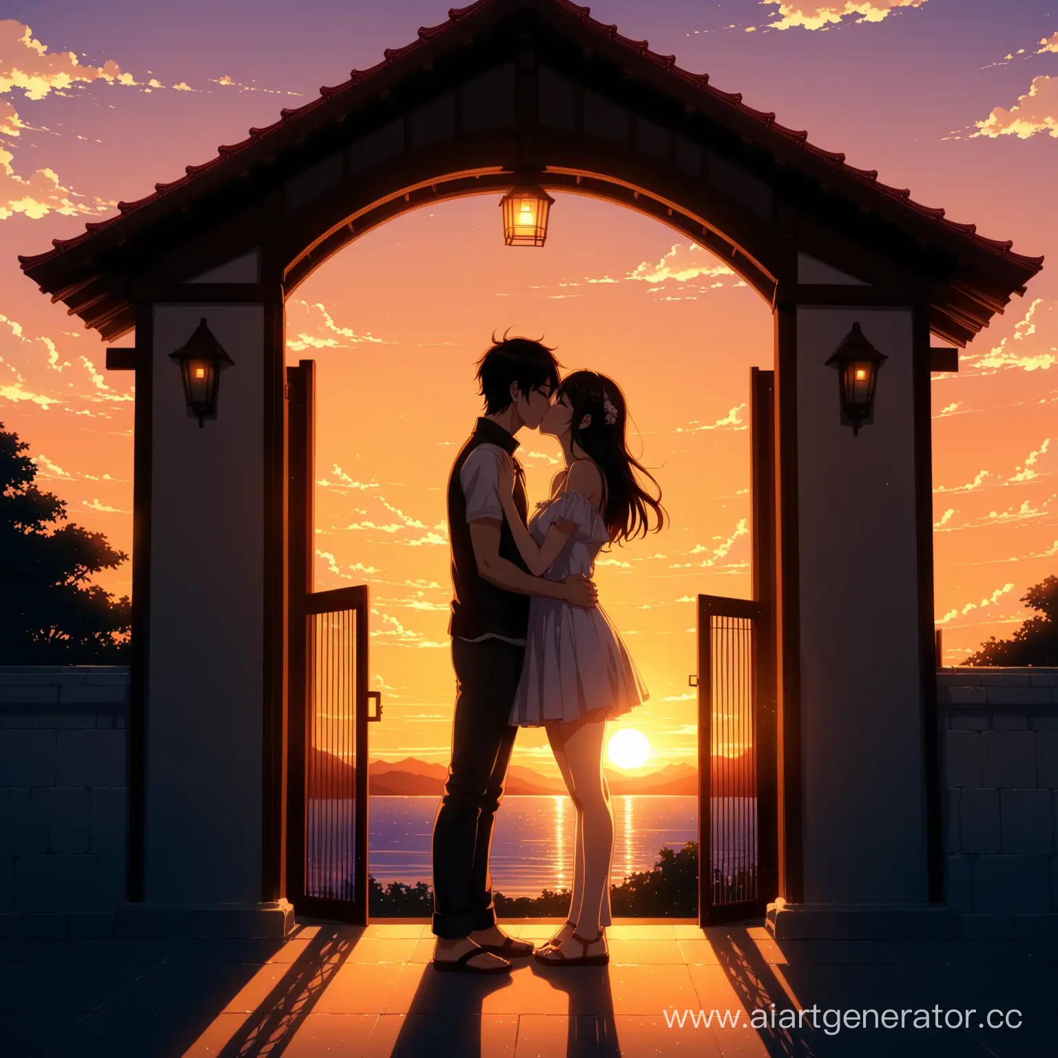 Красивая пара аниме целуются целуются у подъезда на закате