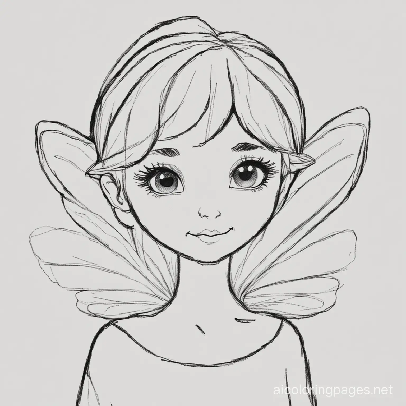 Pixie, Coloring Page, black and white, line art, white background, Simplicity, Ample White Space. The background of the coloring page is plain white to make it easy for young children to color within the lines. The outlines of all the subjects are easy to distinguish, making it simple for kids to color without too much difficulty