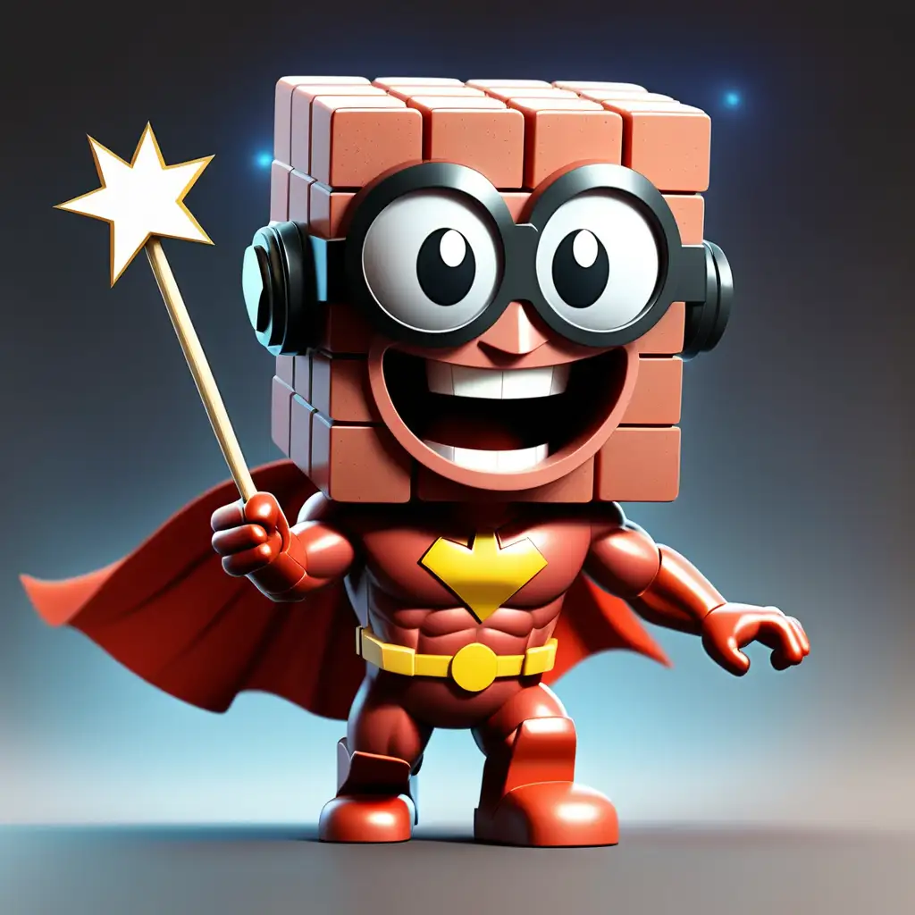 Ziegelstein als Superheld in viereckiger Form mit Zauberstab und glücklichem Gesicht