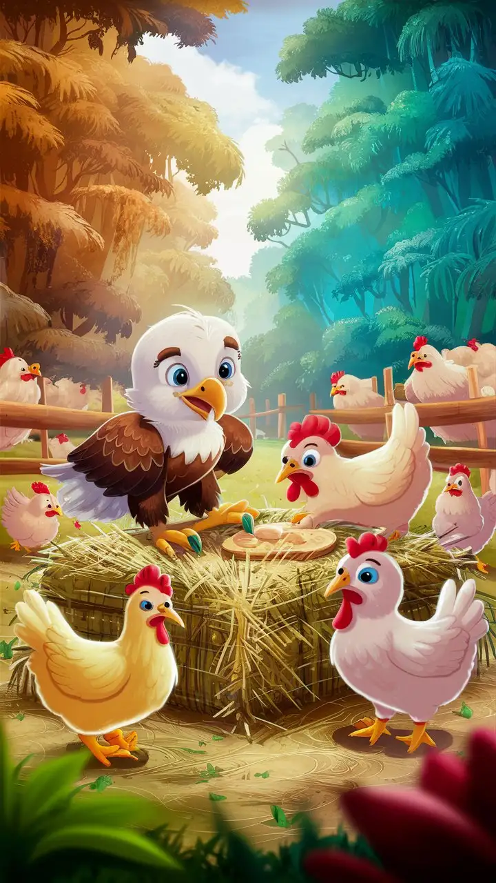 Create a 3D illustrator of an animated scene where an baby eagle is eating with the chickens and hen in the farm with dense trees. Beautiful colourful and spirited background illustrations.