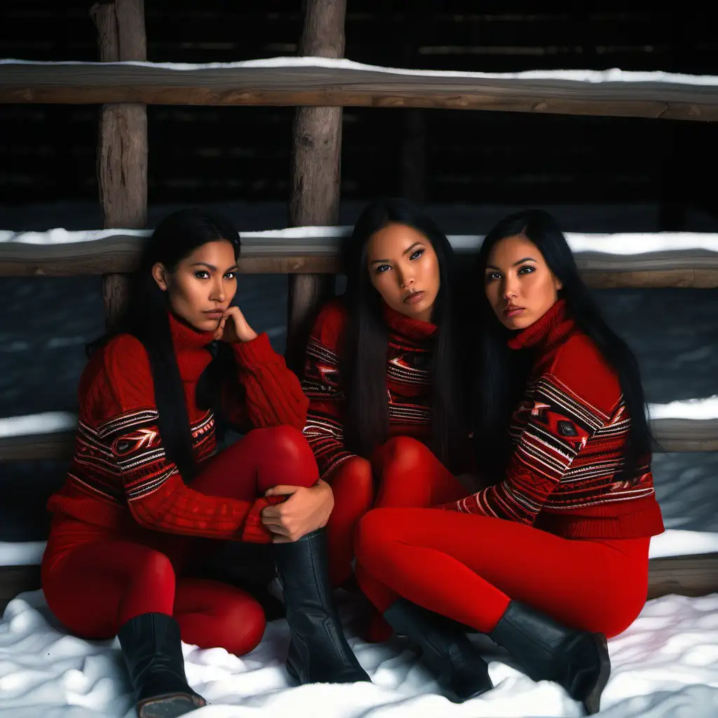 3 sexy young slender native american women wearing black tights and red turtleneck croptops cuddling inside a longhouse on a cold winter night.