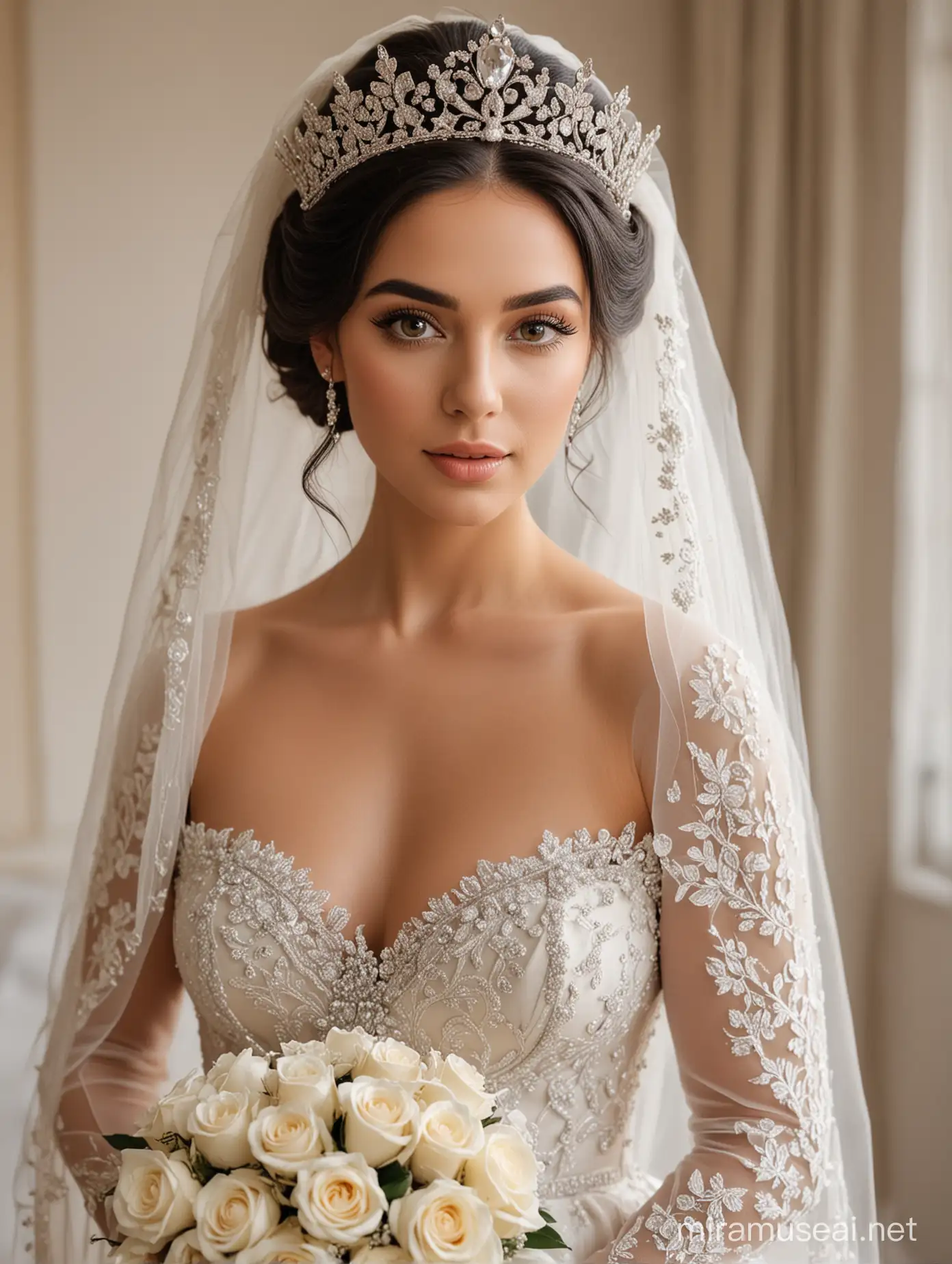 Elegant Bejeweled Bride in Luxurious Lace Gown with Silver Tiara