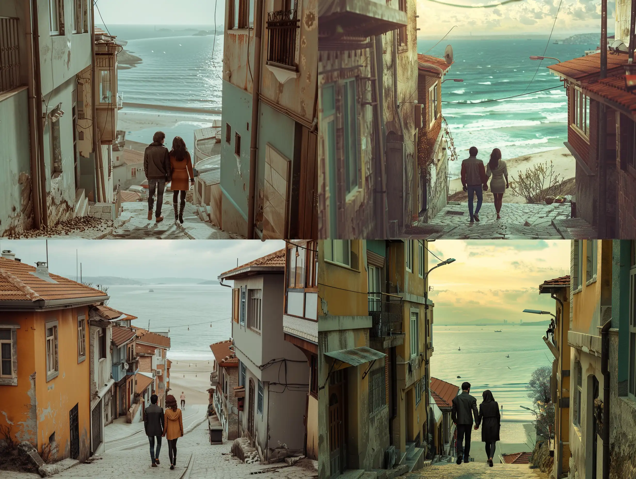 A couple walking in the alleys of Istanbul, Türkiye, overlooking the beach, Landscape, Realism, Cinema 4D, Atmospheric perspective, Muted Colors, Coastal Beach, Mirrorless Camera, Cinematic Lighting, Love‎,
