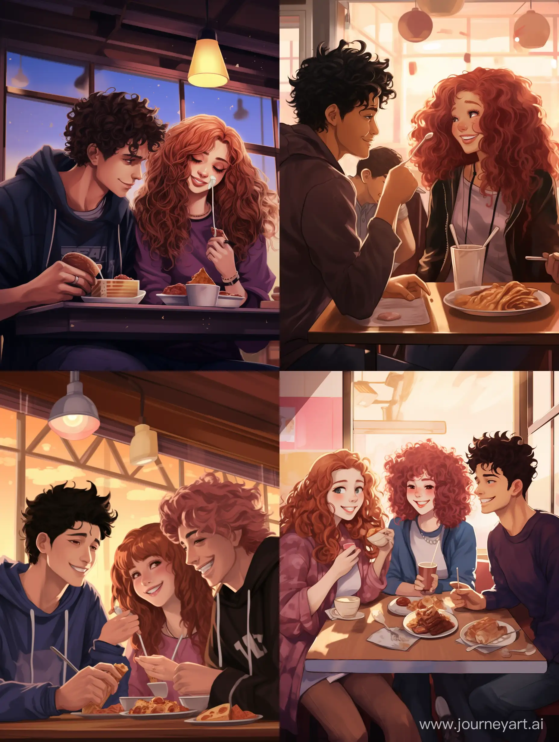 девушка с темно-бордовыми волосами сидит с парнем с кудрявыми волосами и  друзьями в кафе и ест рамэн в стиле аниме