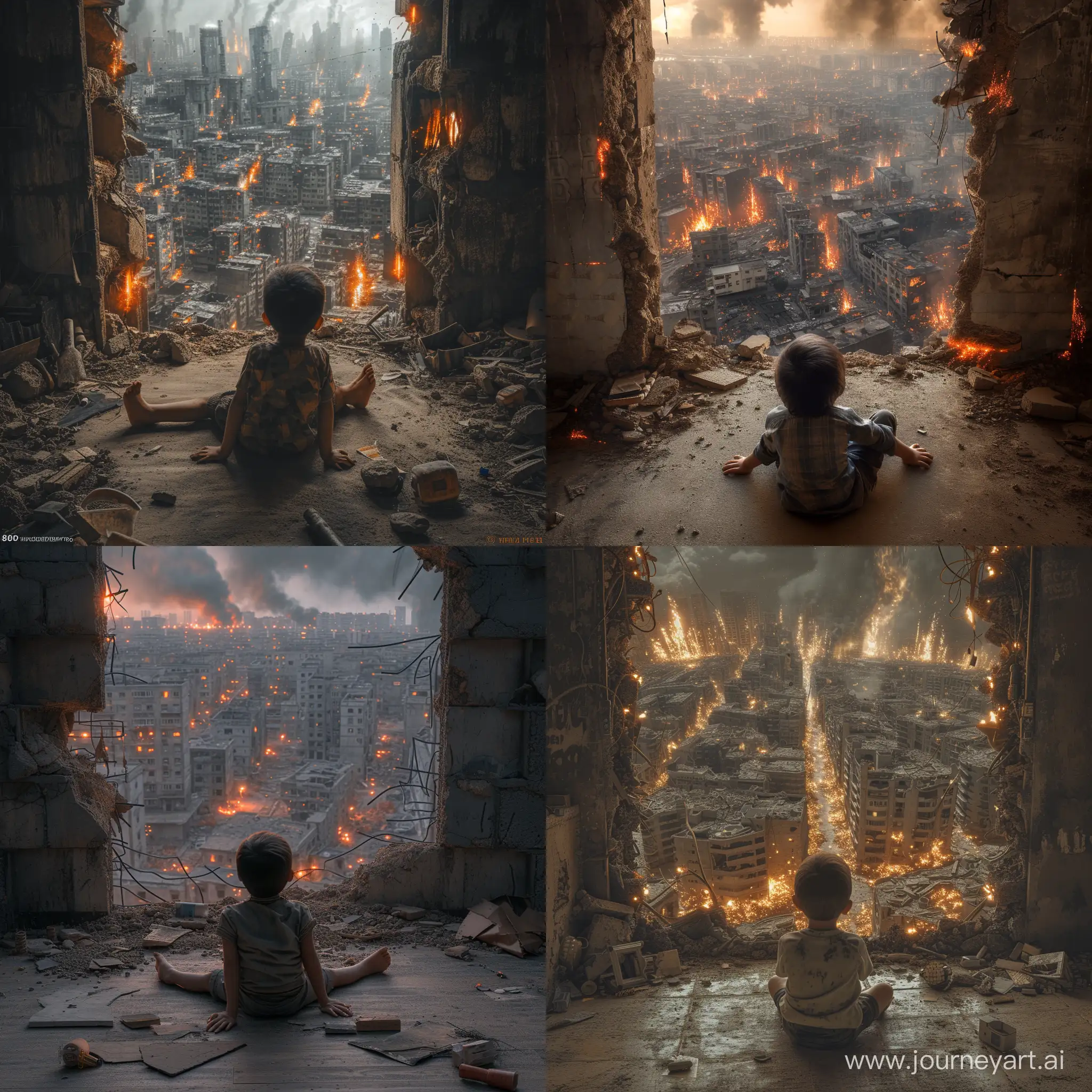 Realistic photo of a 10-year-old boy sitting on his back on the floor of a deserted, almost darkened room, looking out through a fallen wall and from a great height at a working-class neighbourhood with large blocks of half-destroyed buildings with columns of fire and smoke, ragged clothes, epic lights, intricate details, Annie Leibovitz style of photography, lots of contrast, dirt, natural light, to become night, apocalyptic, HDR, ray tracing, 8k, reinforced concrete, many abandoned items, Fujifilm Pro 400H, Extreme long shot, 8k, sharp, hyperrealistic, hyperdetailed