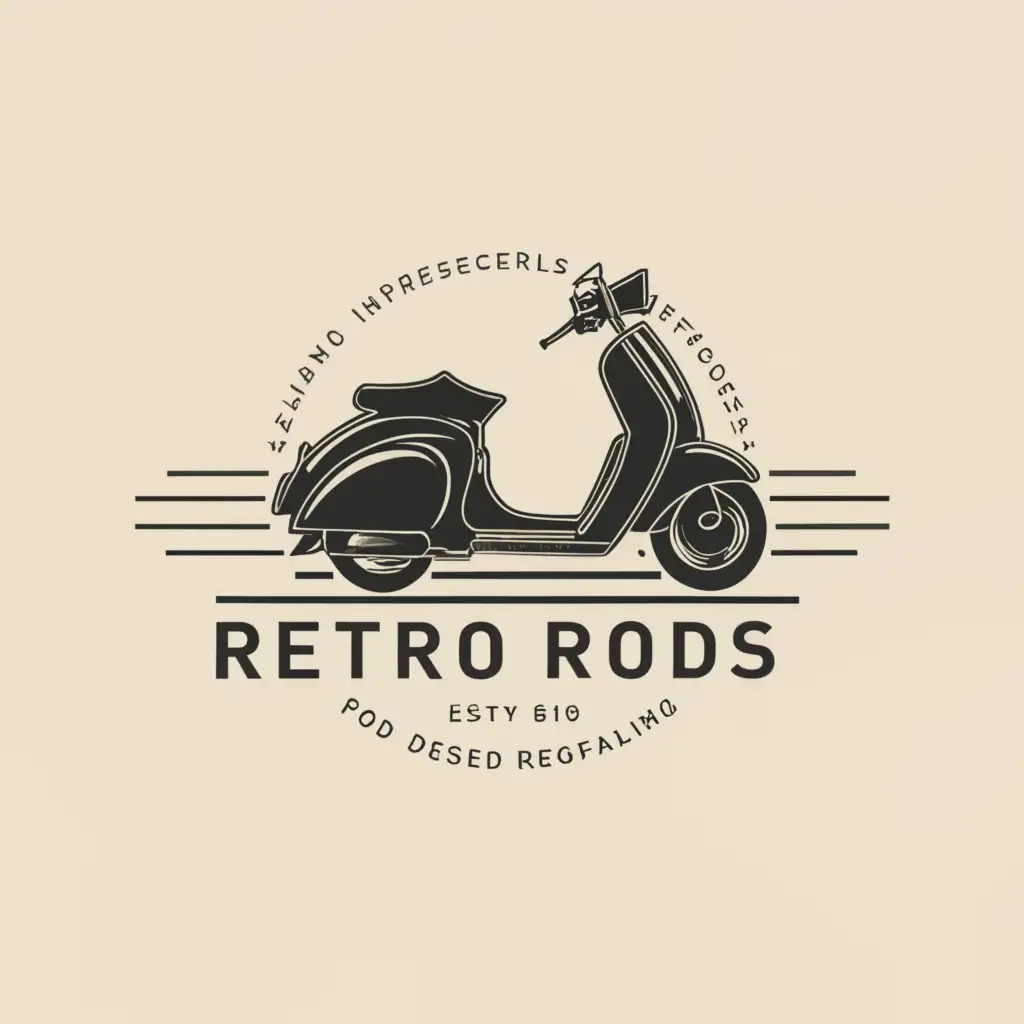 a logo design,with the text "Retro Rides", main symbol:a scooter that is retro and looks qualitatively, since 2023 and black and white,Minimalistic,be used in Retail industry,clear background
