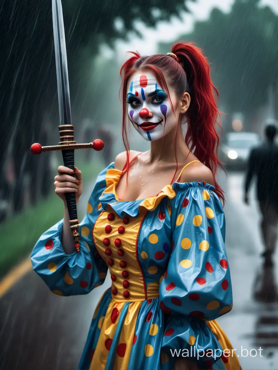 A beautiful woman, wearing a ponytail dress, with beautiful long hair, a clown pattern on her nose, holding a long sword in her hand, waving it in the rain with sharp eyes.