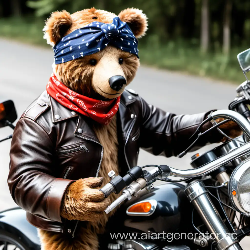 бурый медверь, похожий на байкера, одетый в косуху, с банданой, ремонтирует фару мотоцикла