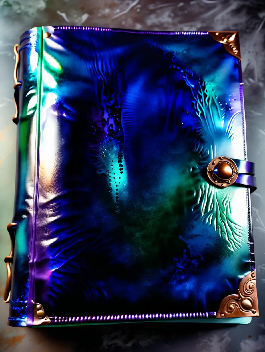A leather book cover dyed in iridescent colors of sapphire blue, emerald green, amethyst purple, and bronze gold