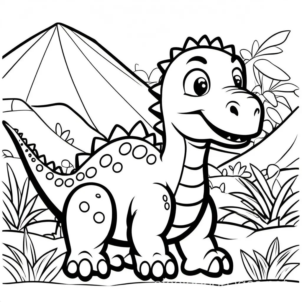 cute dinosaur , Coloring Page, black and white, line art, white background, Simplicity, Ample White Space. The background of the coloring page is plain white to make it easy for young children to color within the lines. The outlines of all the subjects are easy to distinguish, making it simple for kids to color without too much difficulty