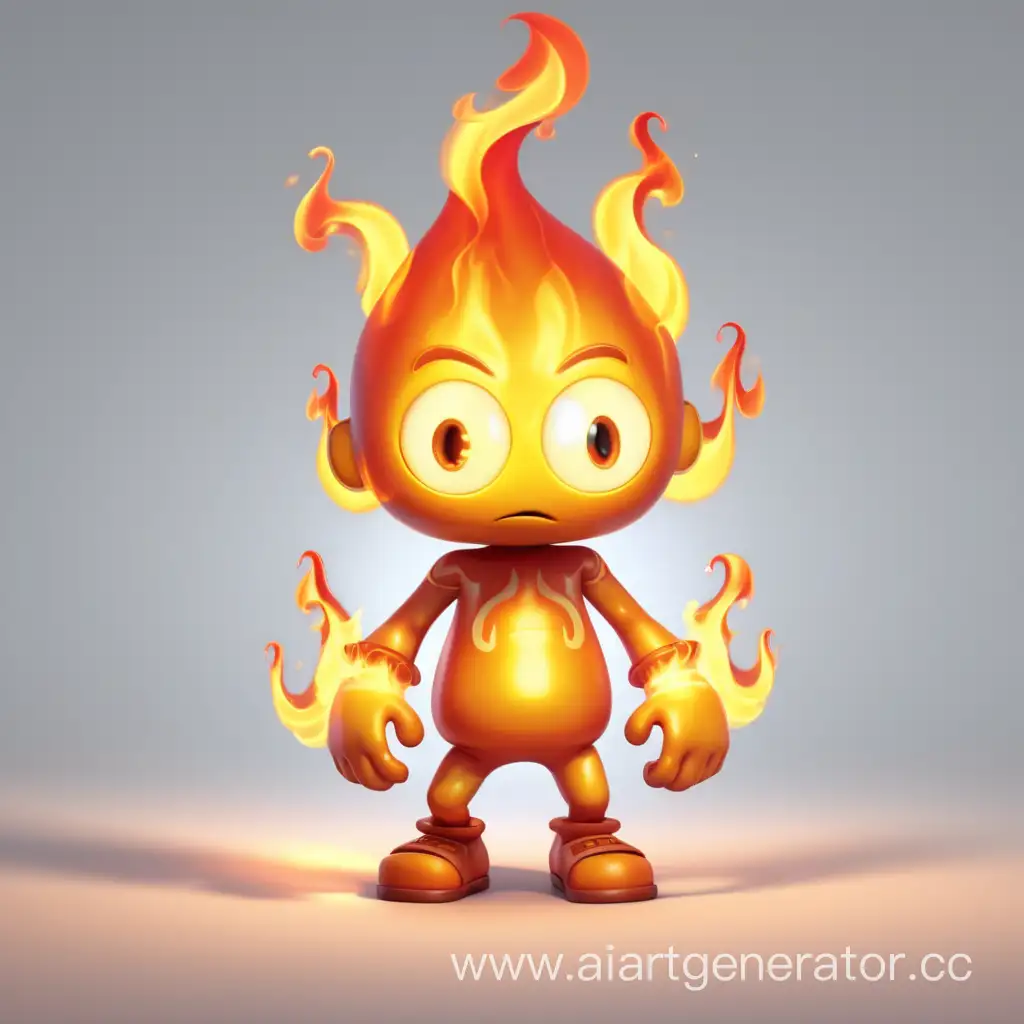 Персонаж для игры: огненный человечек с головой в виде пламени с ярким свечением. Компьютерная графика, стоит лицом к камере, без эмоций