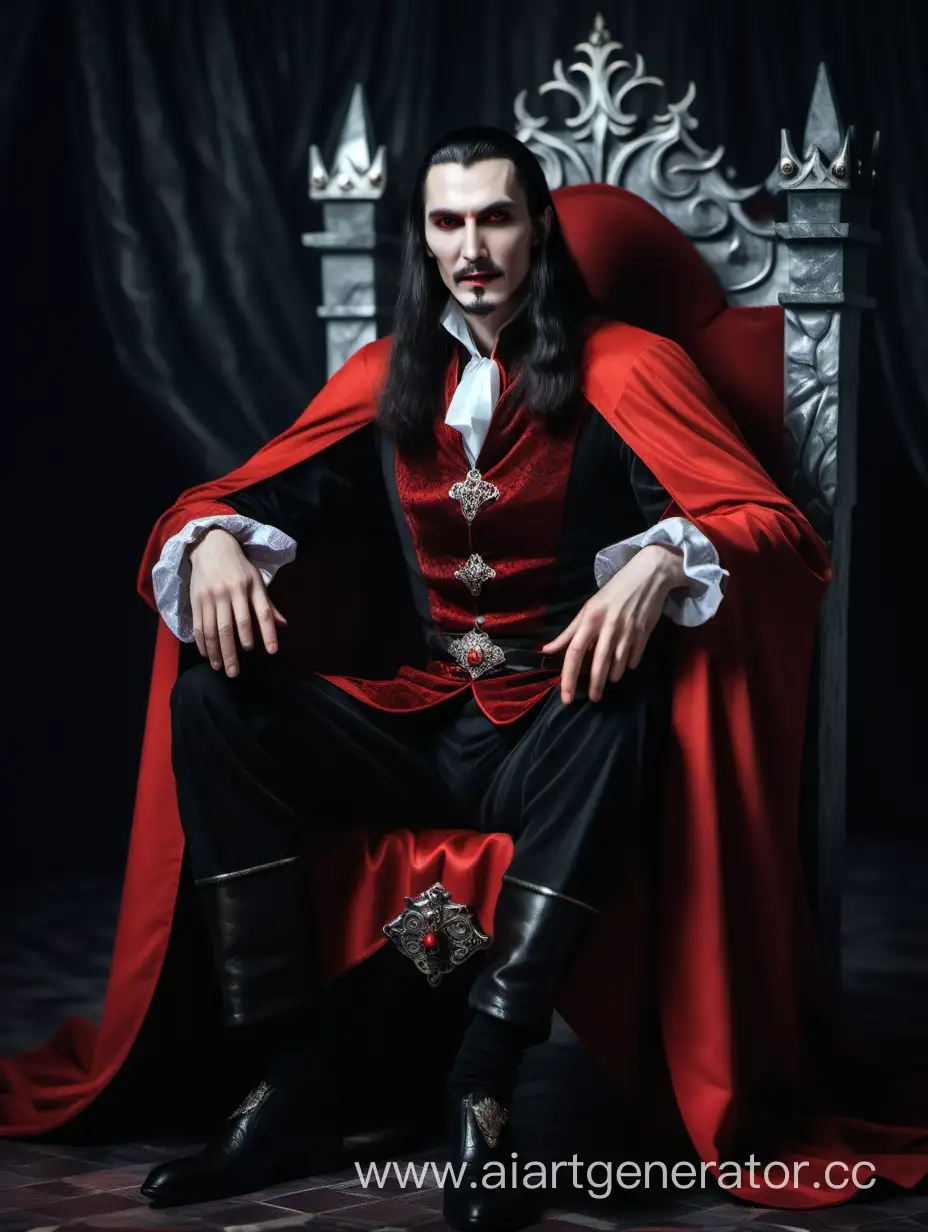 Влад Дракула красивый и молодой сидит на троне и заигрывающе смотрит 