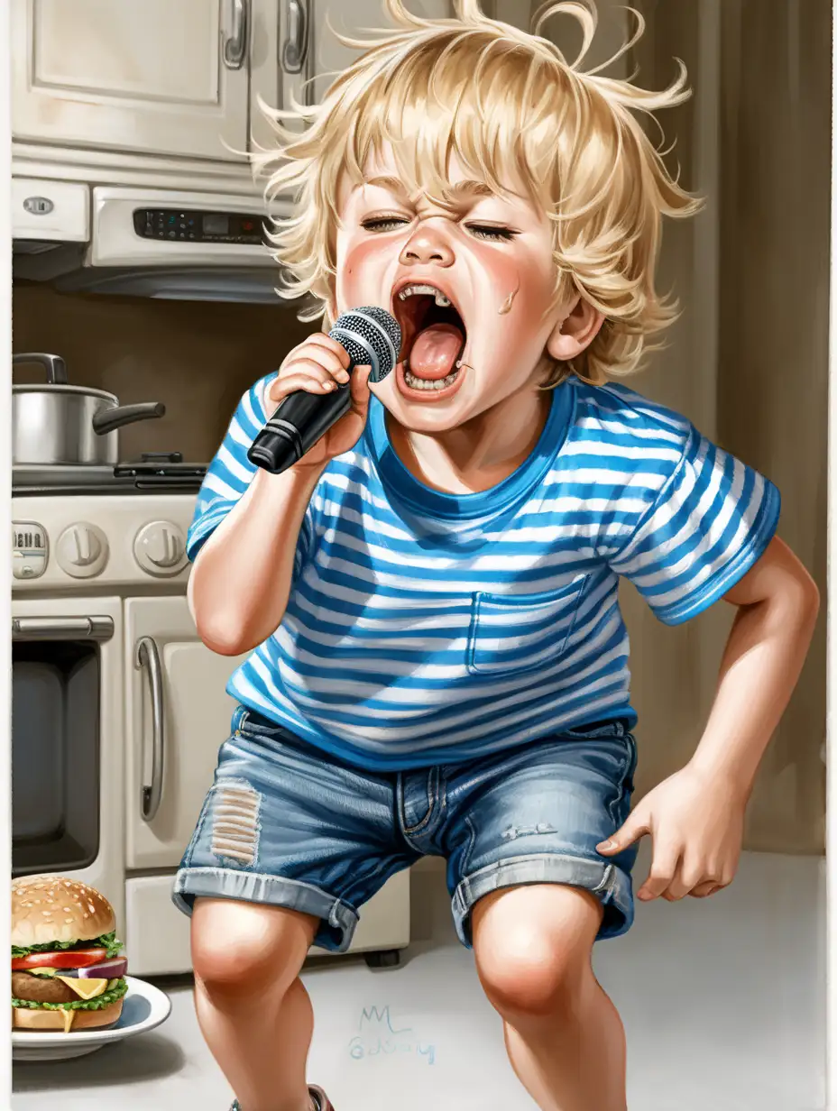  dirty blonde haired little boy  blue and white striped shirt  jean shorts, singing with a mouth full of food. his mother is warning him.