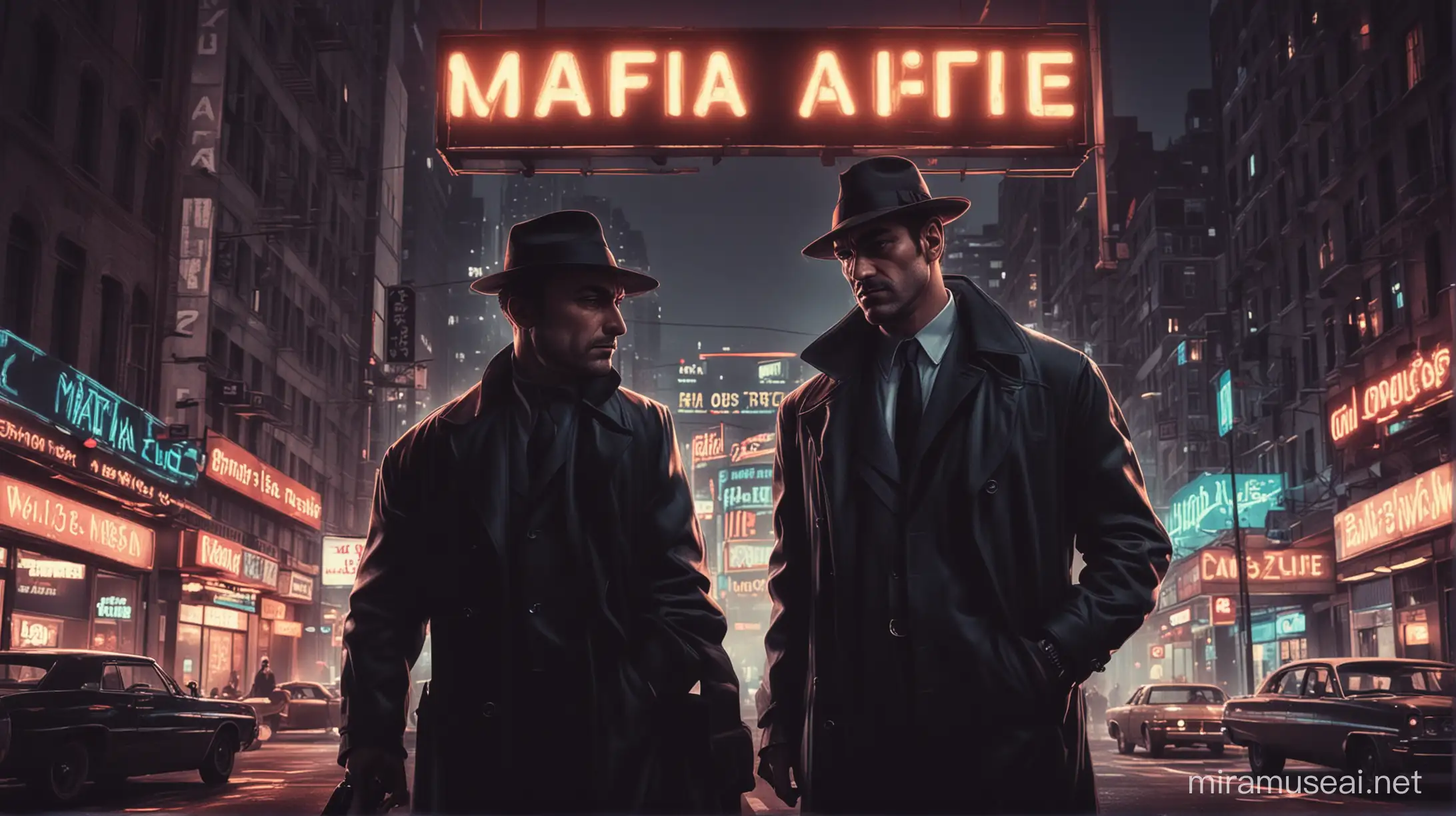 Two men in the character of an investigator and a mafia boss in a busy city with neon advertising signs that say Mafia Elite
