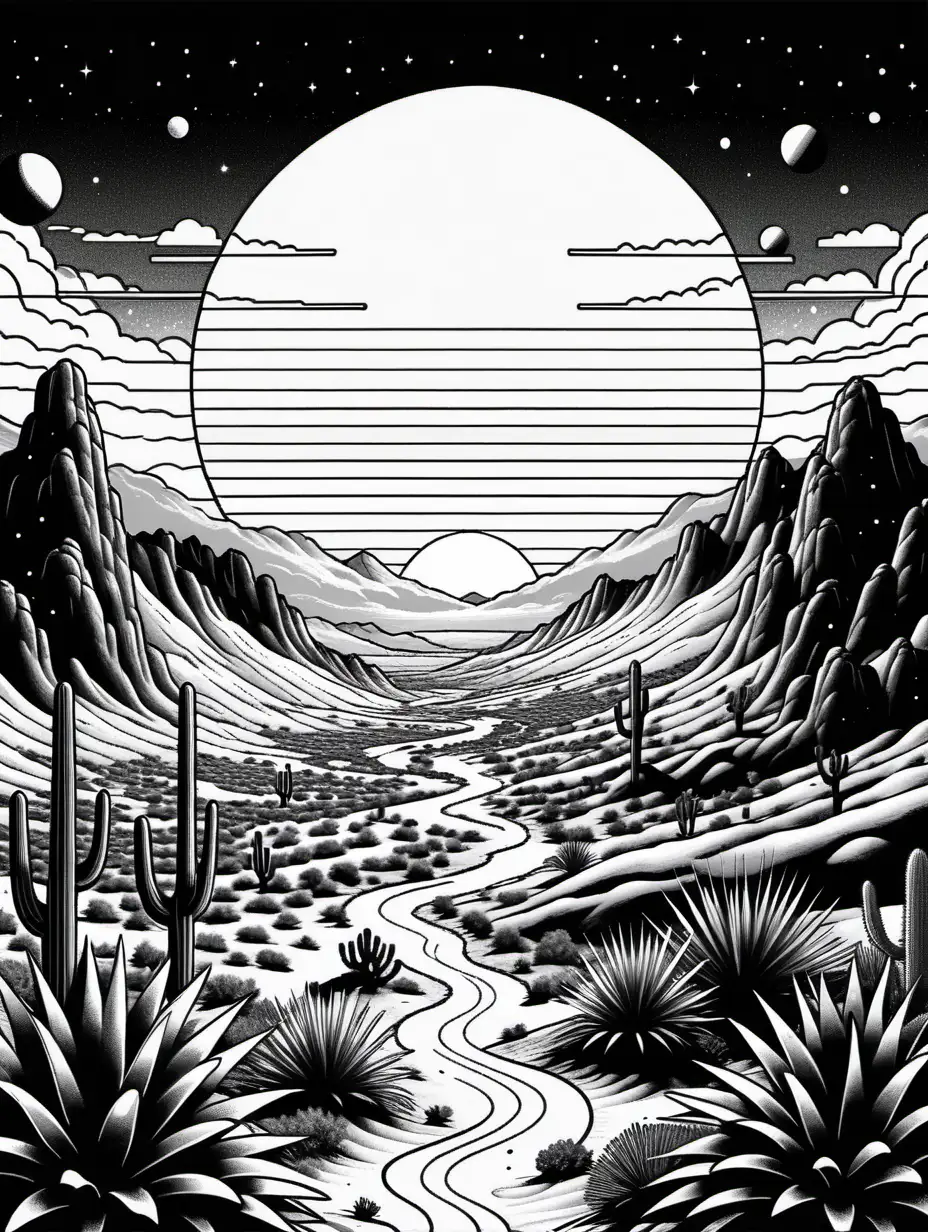 Adult coloring book, vaporwave, retrowave style , SCIFI DESERT, SPACE Black and white, no shading, no color, thick black outline,